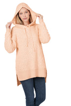 HOODED HI-LOW HEM POPCORN SWEATER (LT PEACH)