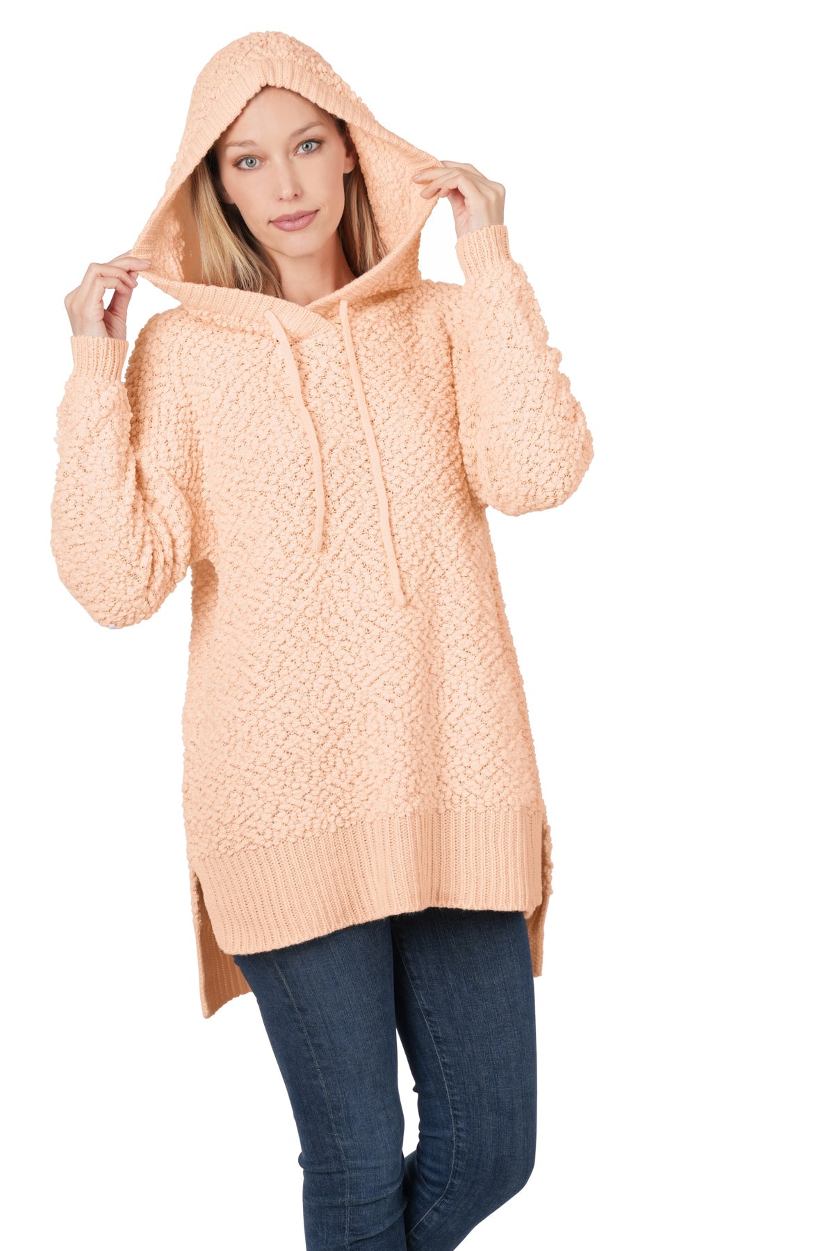 HOODED HI-LOW HEM POPCORN SWEATER (LT PEACH)