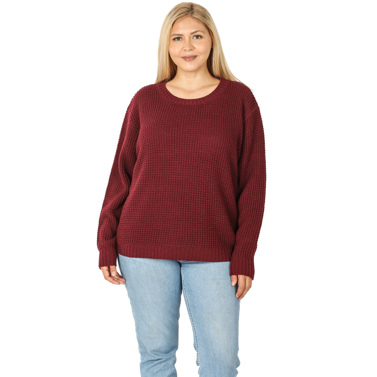HI-LOW LONG SLEEVE ROUND NECK WAFFLE SWEATER (DK BURGUNDY)