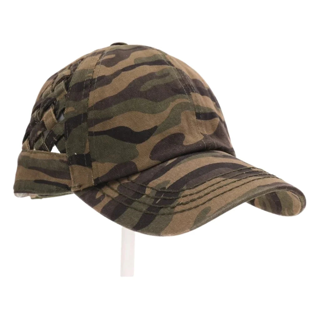 Basket Woven Criss-Cross High Ponytail CC Ball Cap
