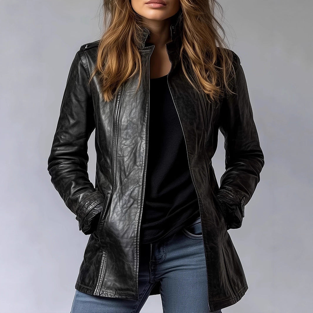 Women's Stand Collar Long Sleeve Distressed Fashion Leather Jacket Coat