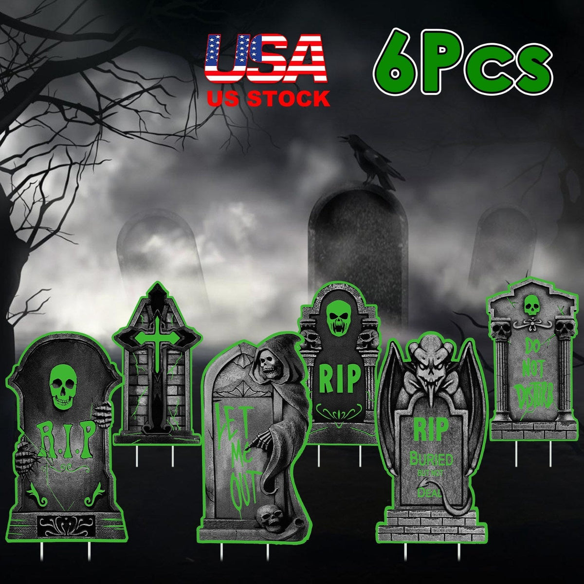 Halloween Tombstone Yard Sign Decorations 6Pcs Glow in the Dark Halloween RIP Tombstone Fluorescence Lawn Sign with 12 Stakes for Haunted House Garden
