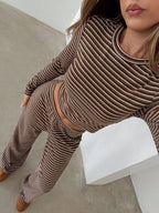 Striped Long Sleeve Crop Top and Wide Leg Pants Two-Piece Set
