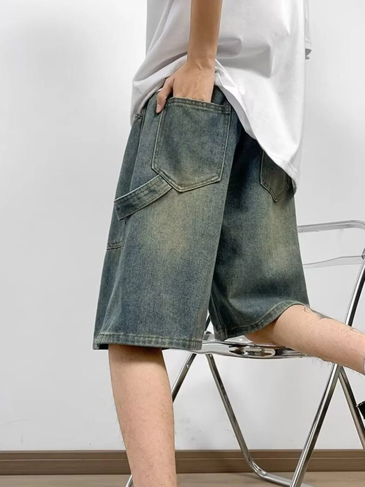 Loose Fit Washed Denim Shorts
