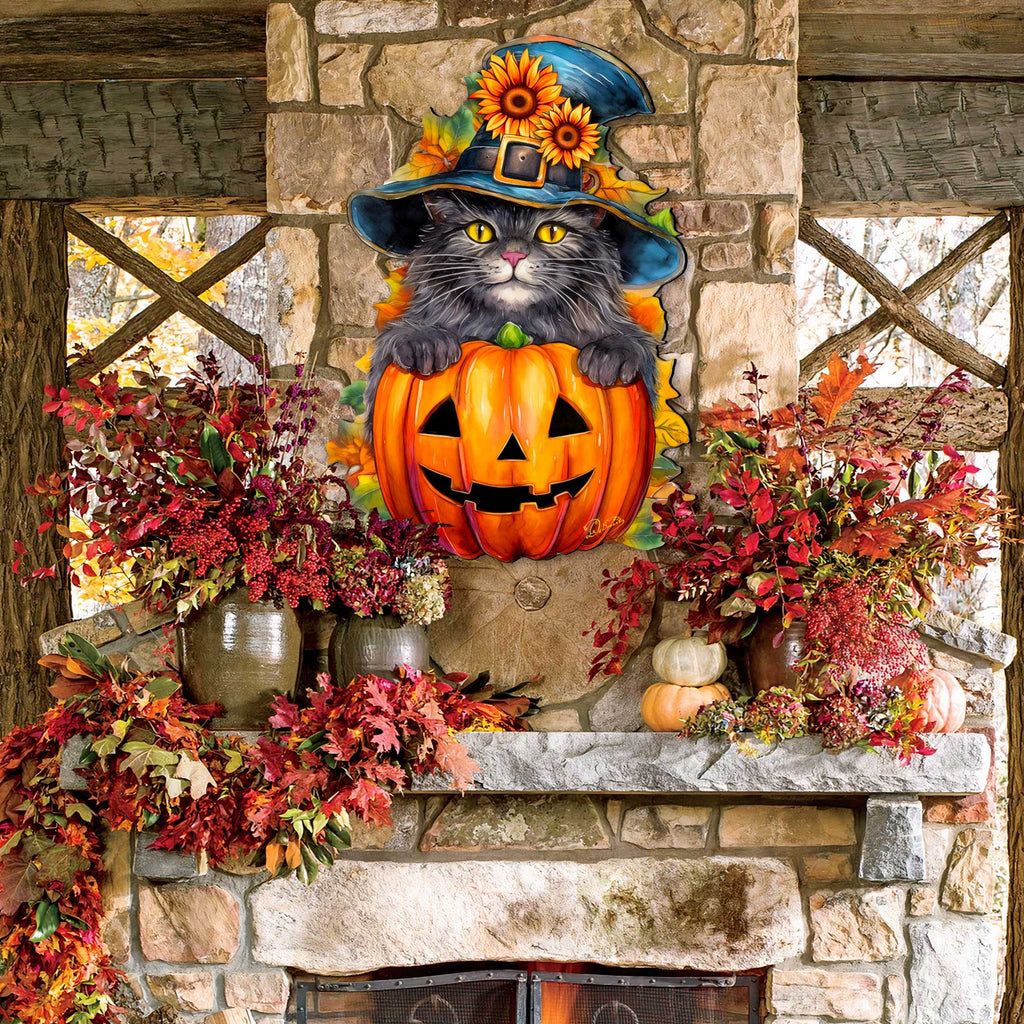 Black Cat Pumpkin Holiday Door Decor by G. DeBrekht - Halloween Decor - 8652794H