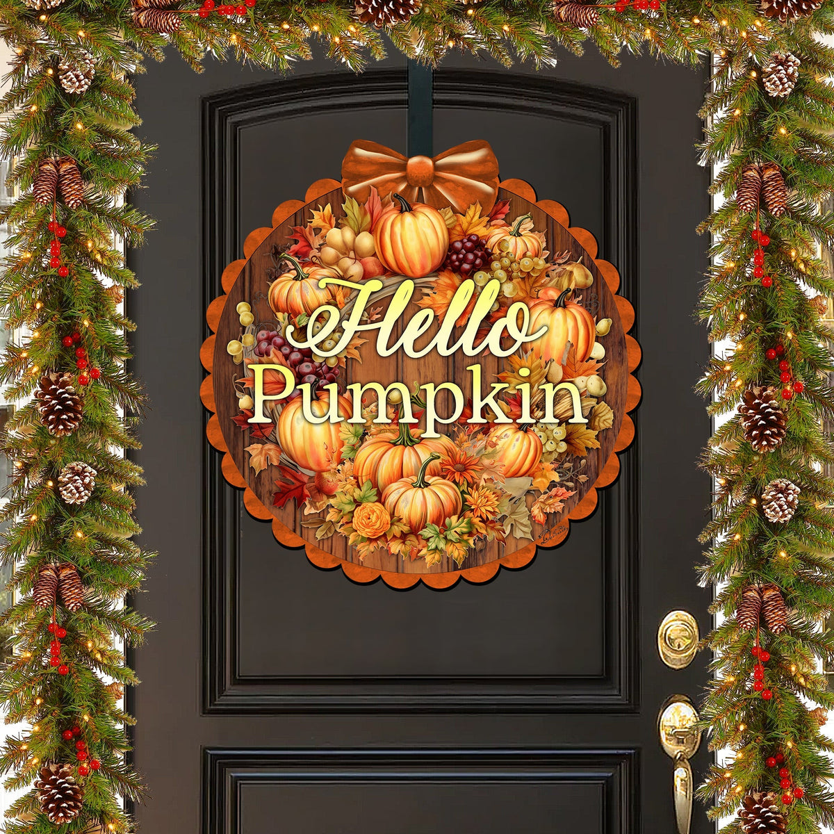 Hello Pumpkin Front Door Welcome Sign, Wooden Front Porch Decor by G. Debrekht Thanksgiving Halloween Decor - 933120H