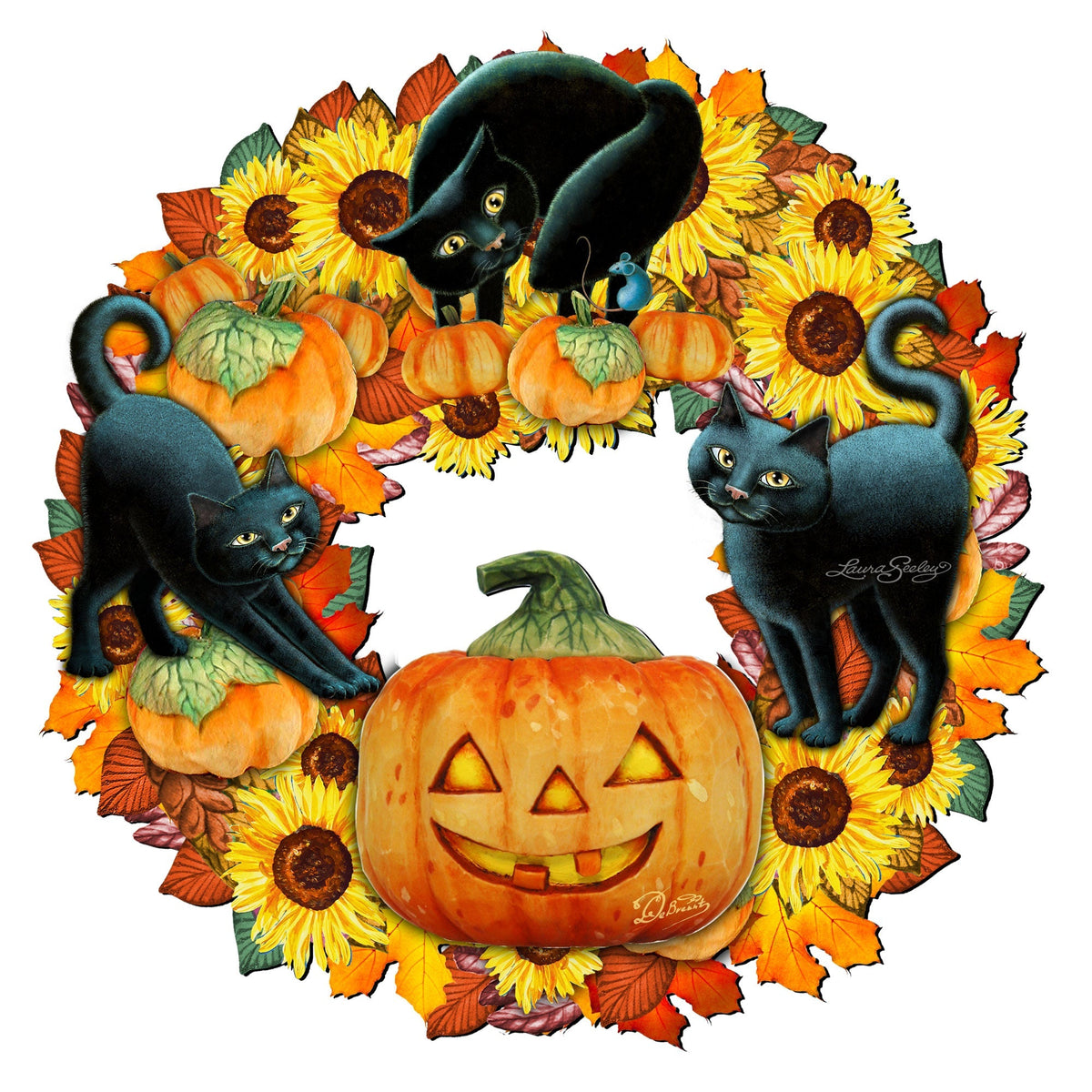 Halloween Cats Holiday Door Wreath by Laura Seeley - Thanksgiving Halloween Decor - 8185305-4H-SL