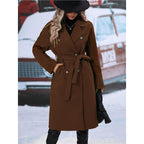 Lapel Double-breasted Trench Coat With Belt Winter Fashion Solid Color Long Jacket Outwear Women Clothing