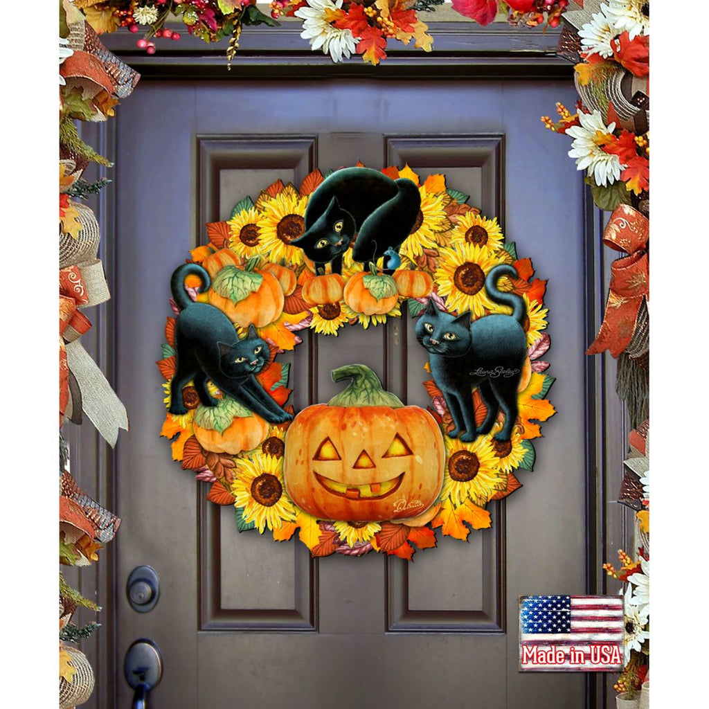 Halloween Cats Holiday Door Wreath by Laura Seeley - Thanksgiving Halloween Decor - 8185305-4H-SL
