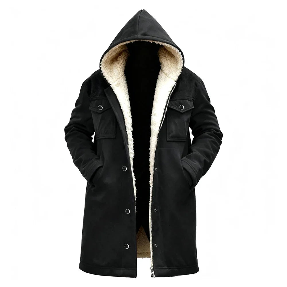 Chaqueta Suede Fleece Hombre con Capucha Media Larga Cremallera