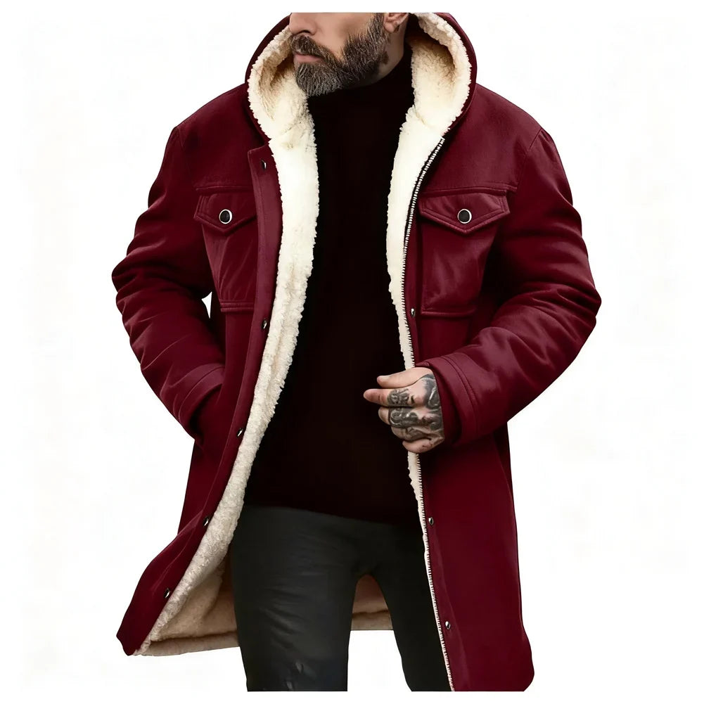 Chaqueta Suede Fleece Hombre con Capucha Media Larga Cremallera