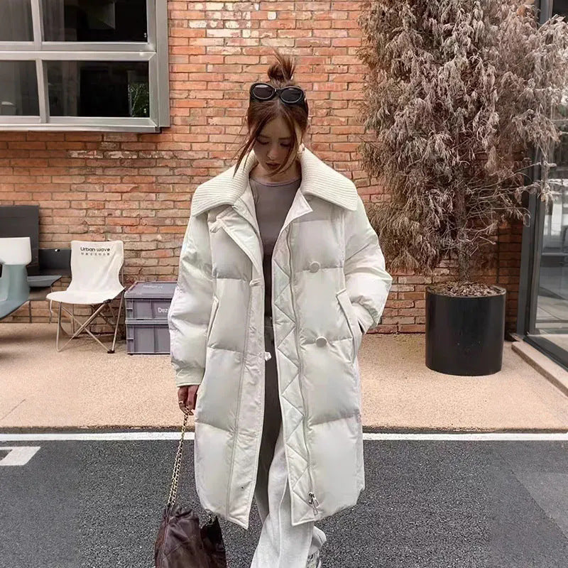 Womens Fashionable Knitted Long Cotton Coat With A Turn-Down Collar