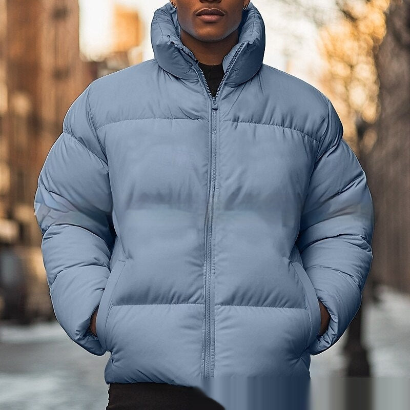Solid-color Fleece-lined Down Jacket For Men