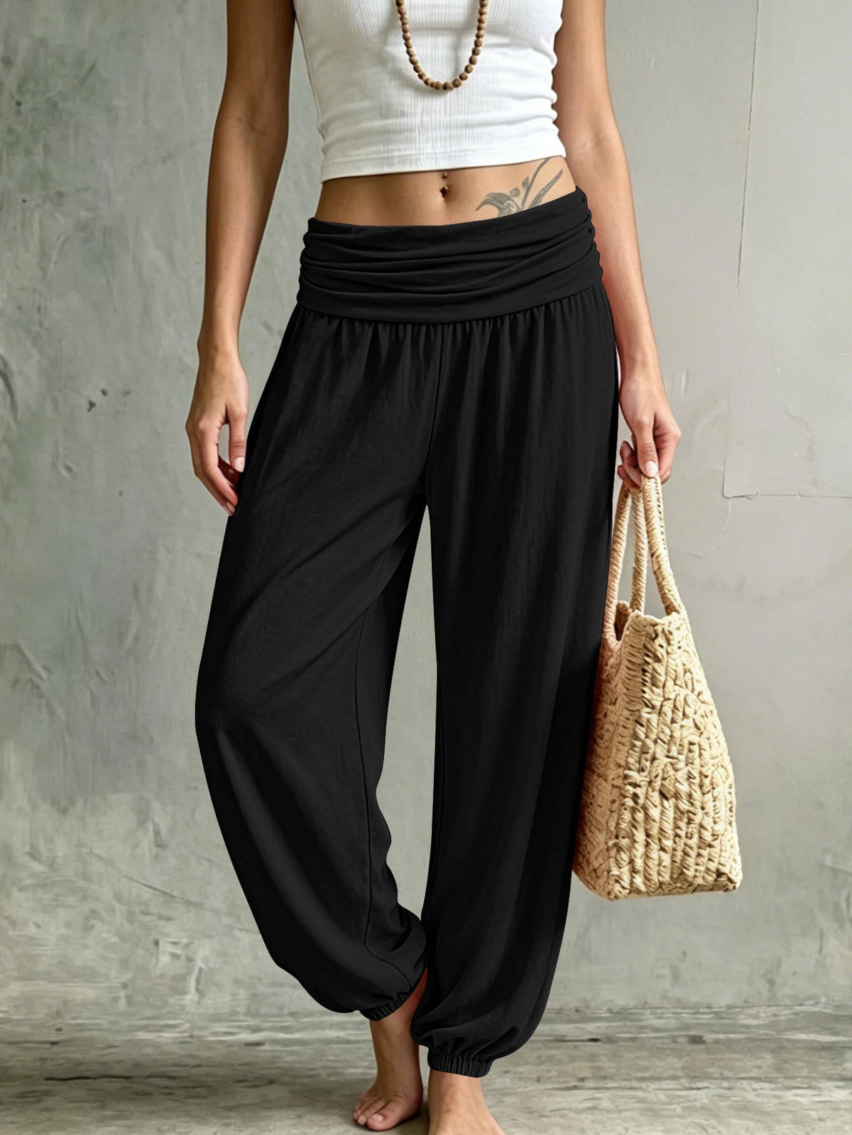 Summer Women Fold Over Waist Joggers, Soft Stretchy Loose Harem Pants Casual Daily Lounge Tapered Sweat Pants