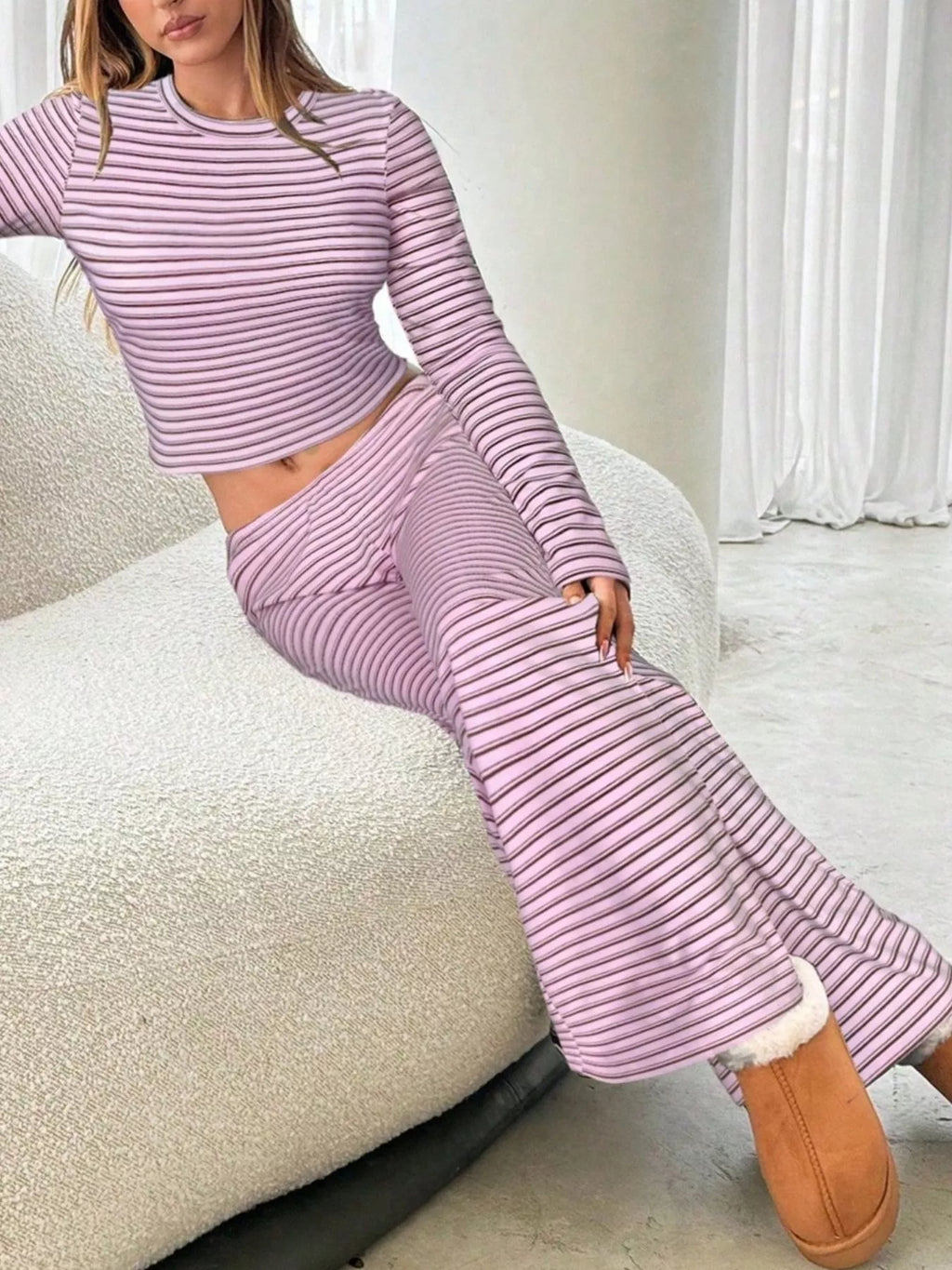 Striped Long Sleeve Crop Top and Wide Leg Pants Two-Piece Set
