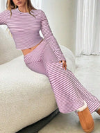 Striped Long Sleeve Crop Top and Wide Leg Pants Two-Piece Set