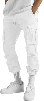 HUNGSON Boys Mens Cargo Pants Casual Hiking Pants Joggers Athletic Pants Cotton Loose Straight Sweatpants for Boys Men 28 White