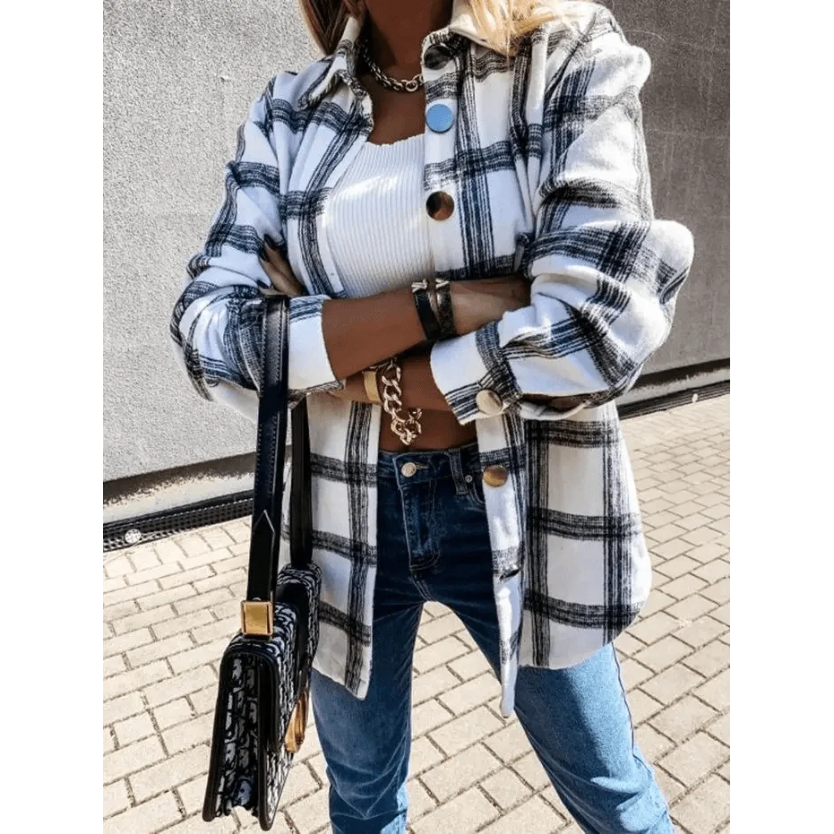 Luxurious Fashionable Women's Long Sleeve Plaid Shirt Coats Top Spring Autumn Casual Lapel Cardigan ,Jackets ,Outerwear,Streetwear
