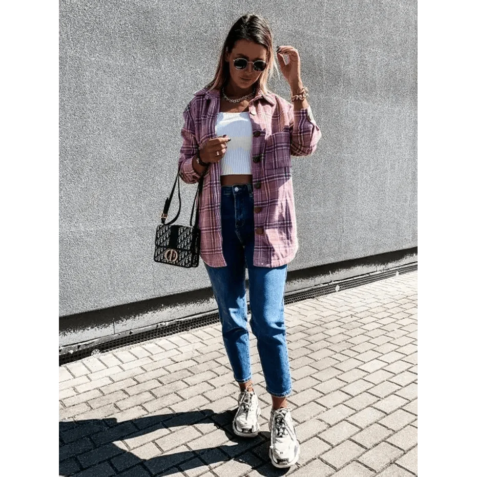 Luxurious Fashionable Women's Long Sleeve Plaid Shirt Coats Top Spring Autumn Casual Lapel Cardigan ,Jackets ,Outerwear,Streetwear