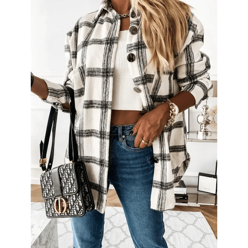 Luxurious Fashionable Women's Long Sleeve Plaid Shirt Coats Top Spring Autumn Casual Lapel Cardigan ,Jackets ,Outerwear,Streetwear