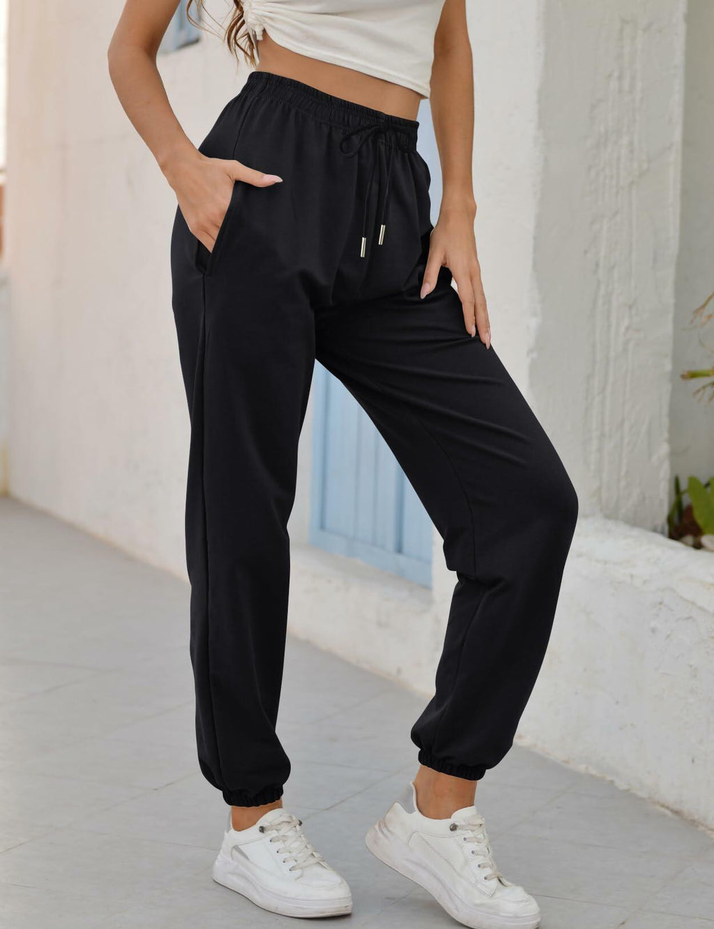 Vemubapis Women High Waisted Drawstring Sweatpants Jogger Black Size S